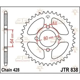 JT SPROCKETS JTR838.38 REAR REPLACEMENT SPROCKET 38 TEETH 428 PITCH NATURAL C49 HIGH CARBON STEEL