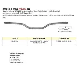 Manubrio argento in ergal diametro 22 DUCATI MONSTER 600 620 750 GUZZI V7