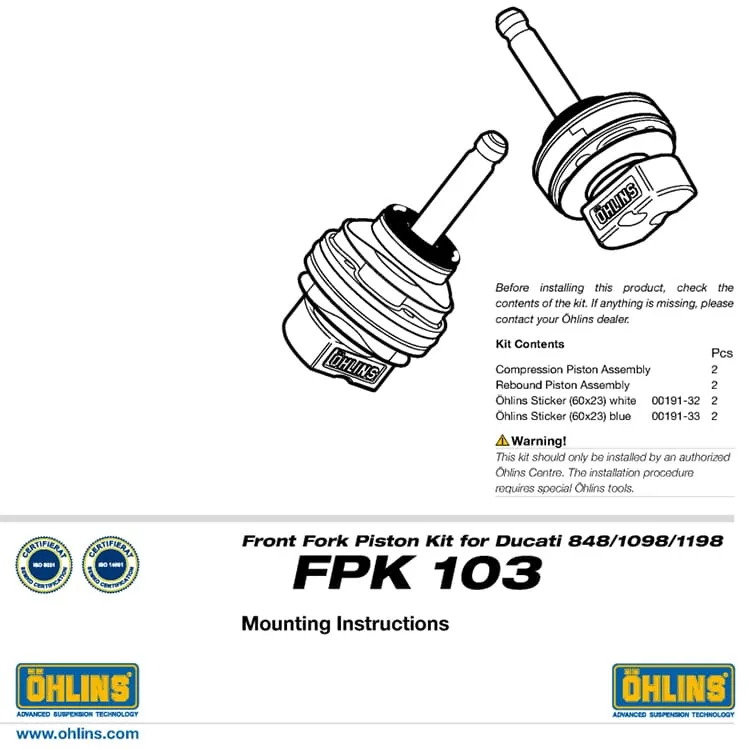 Ducati 1198 2009 > 2011 Ohlins Accessori Fpk 103-FPK103-38042