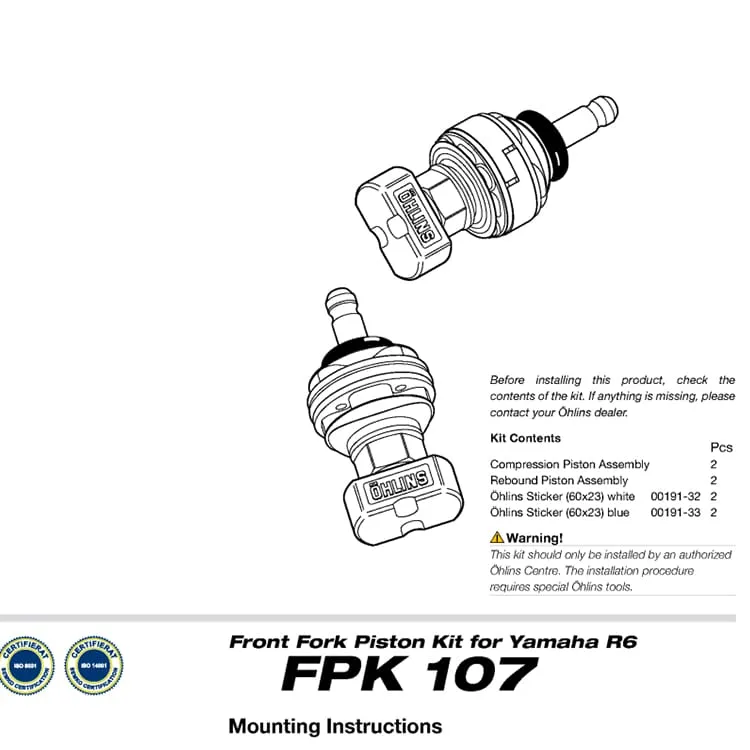 Yamaha Yzf R6 2006 > 2013 Ohlins Accessori Fpk 107-FPK107-38761