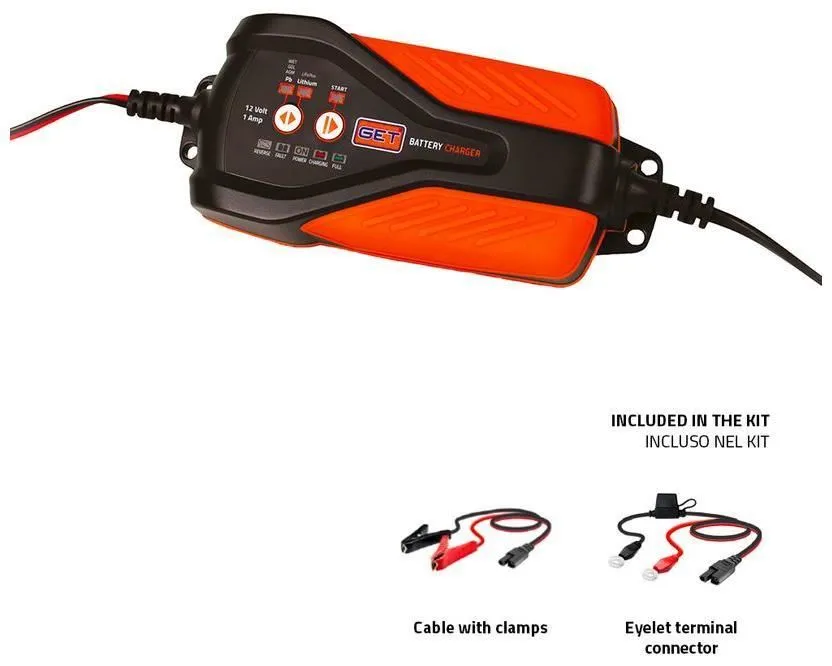 Caricabatterie mantenitore per auto e moto GET Battery Charger adatto sia per batterie Piombo-acido che Litio 12V
