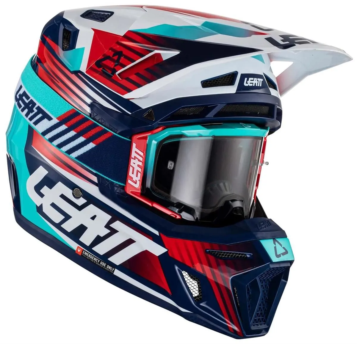 Casco cross enduro Leatt 8.5 in fibra composita colore blu-turchese-bianco-rosso + Maschera Leatt Velocity inclusa